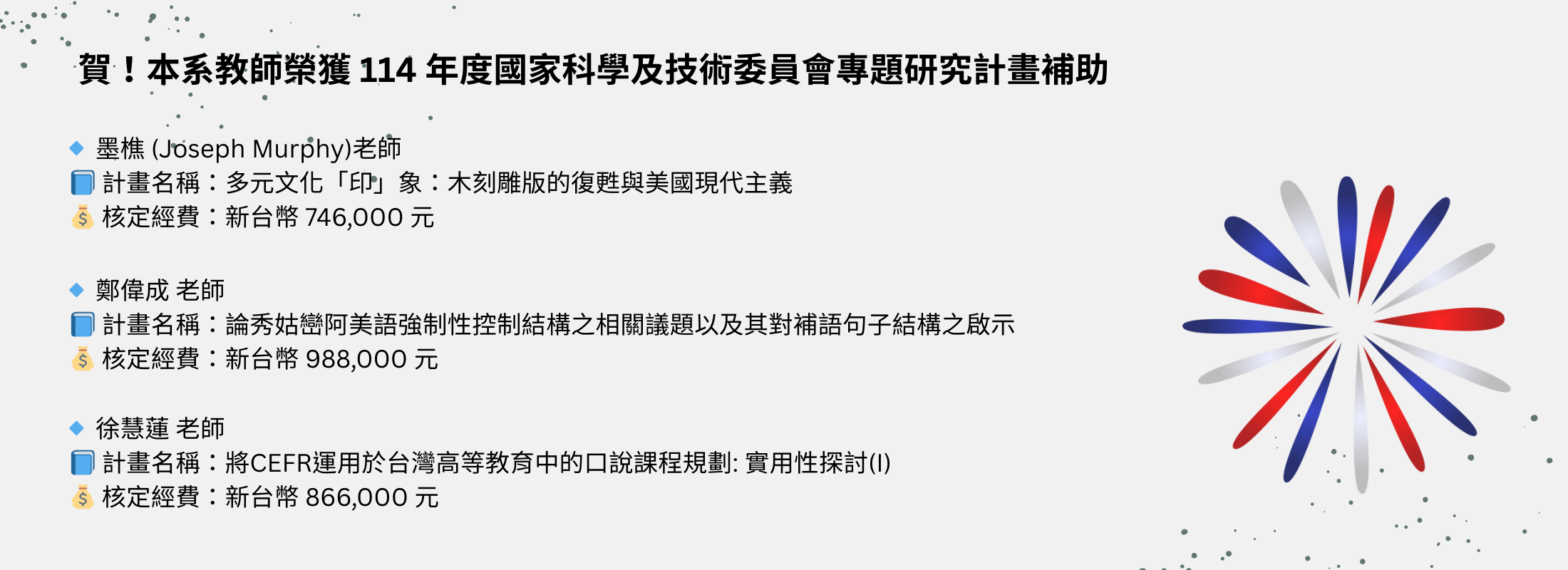 賀！本系教師榮獲 114 年度國家科學及技術委員會專題研究計畫補助